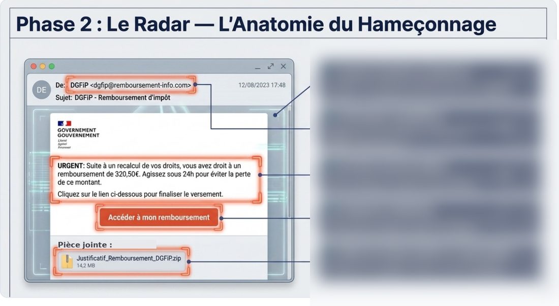 Planche du manuel : l'anatomie d'un e-mail d'hameçonnage (explications masquées).